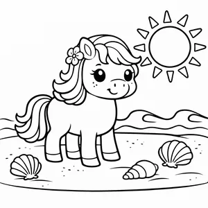 Поні на пляжі з мушлями