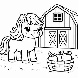 Кінь на фермі біля стайні з яблуками